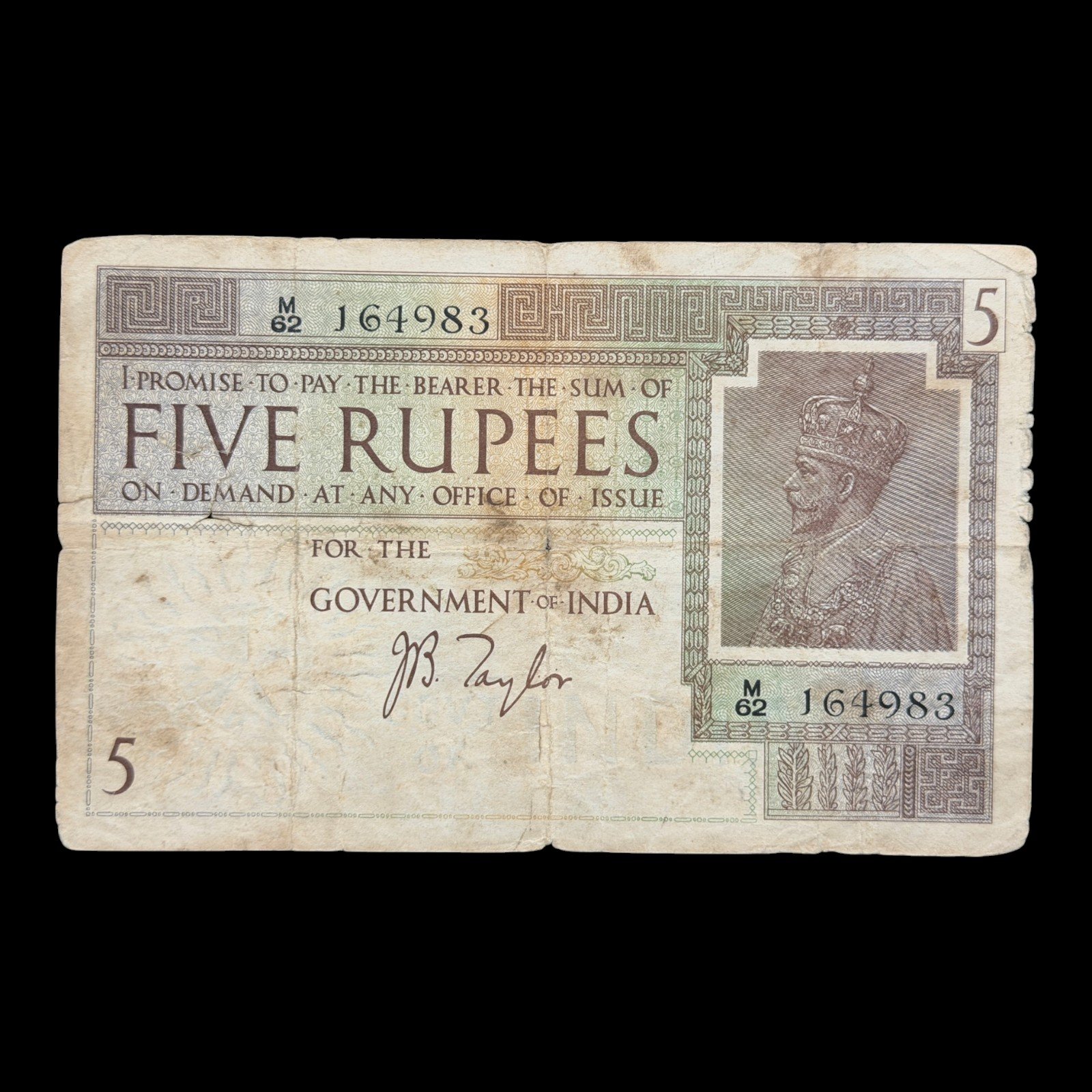 British India, 1926 Rupees 5 Banknote, King George V, Sign. J.B. Taylor, Pick# 4b, (M62 164983)