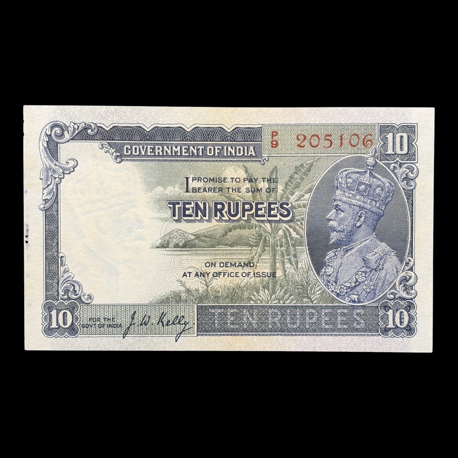 British India, 1934 Rupees 10 Banknote, King George V, Sign. J. W. Kelly, Pick# 16b, (P9 205106)