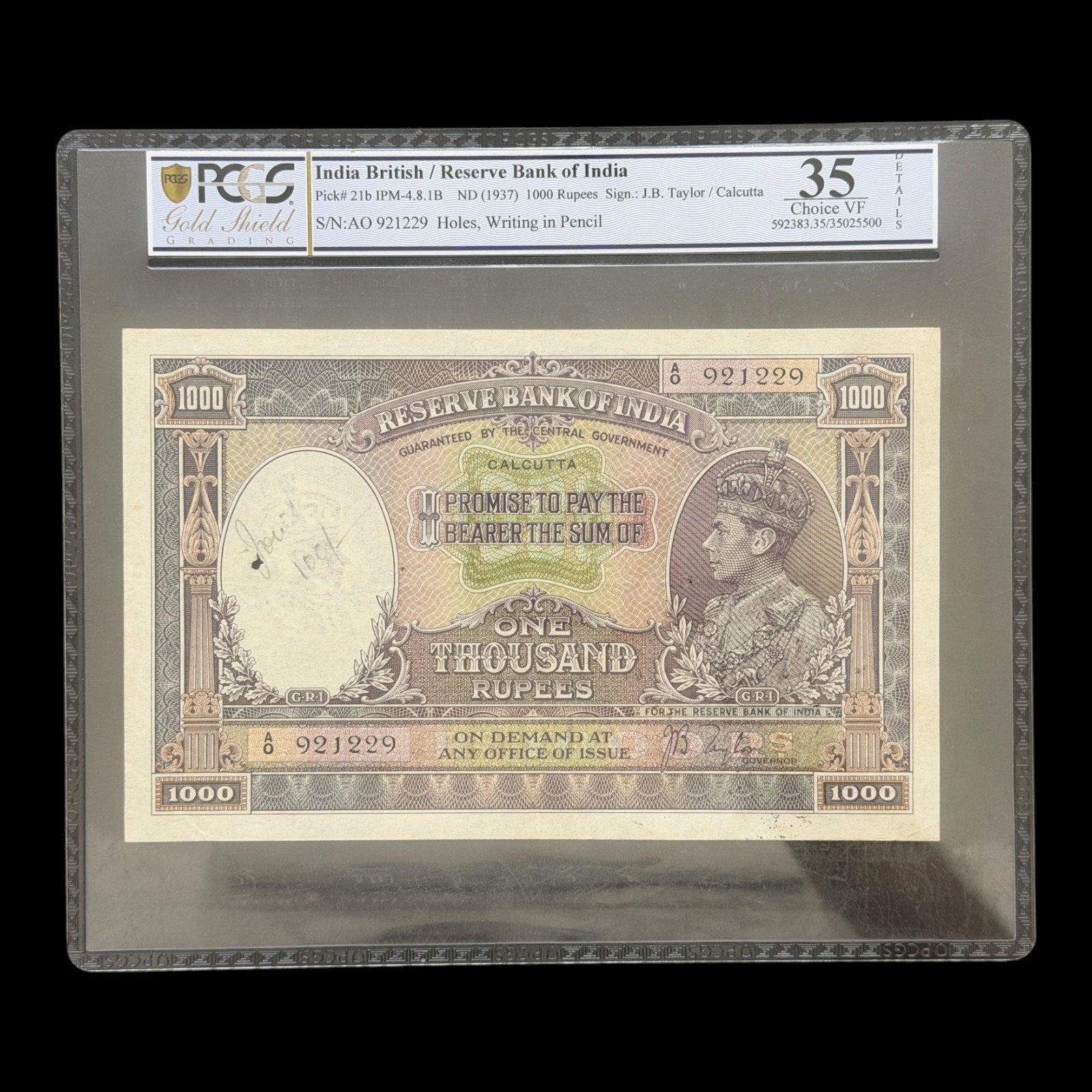 British India, 1937 Rupees 1000 Banknote, King George VI, Circle - Calcutta, Sign. J. B. Taylor, PCGS Graded 35, Scarce, Pick# 21b, (A0 921229)