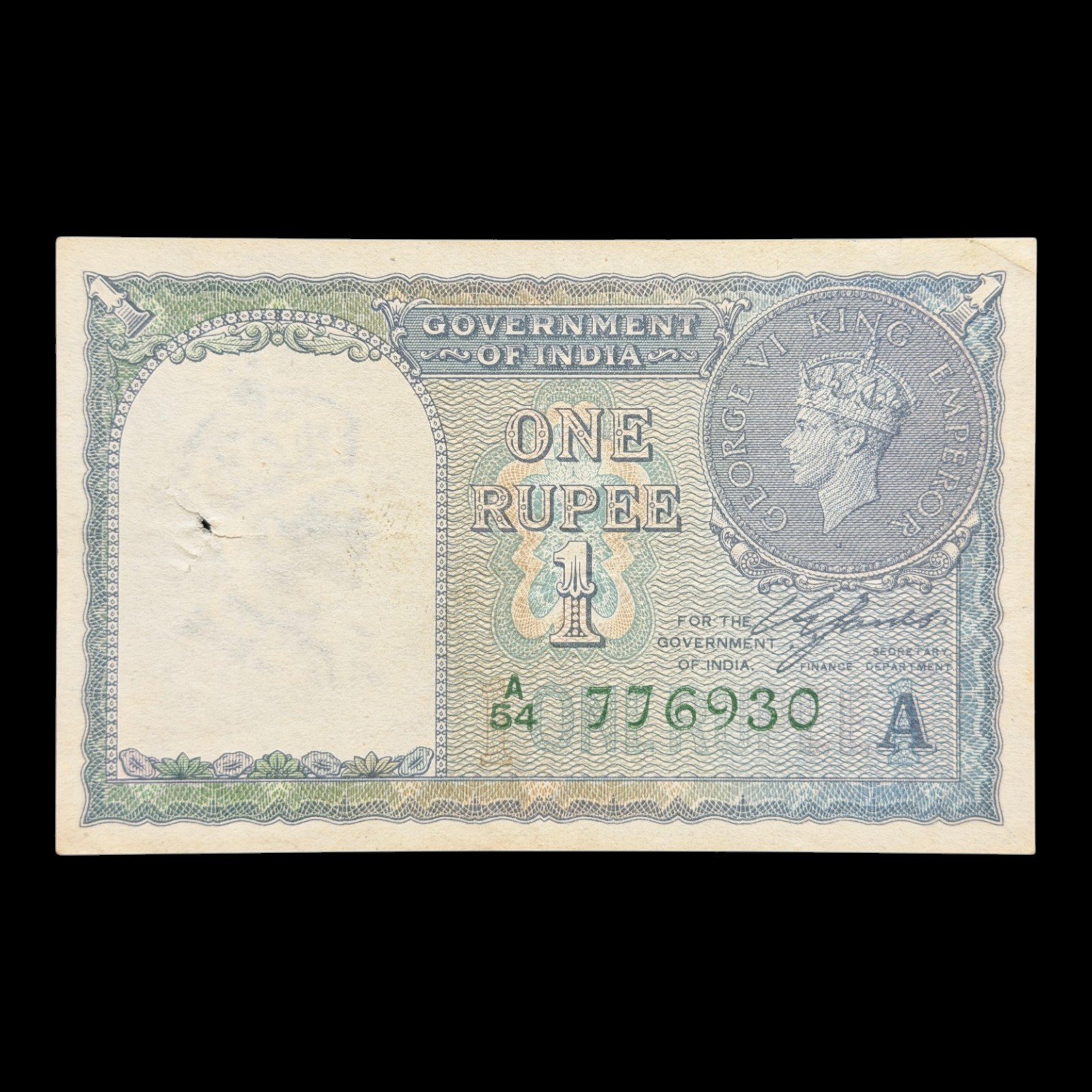 British India, 1940 Rupee 1 Banknote, King George VI, Green Serial #, Sign. C. E. Jones, Inset A, Pick# 25d, (A54 776930)