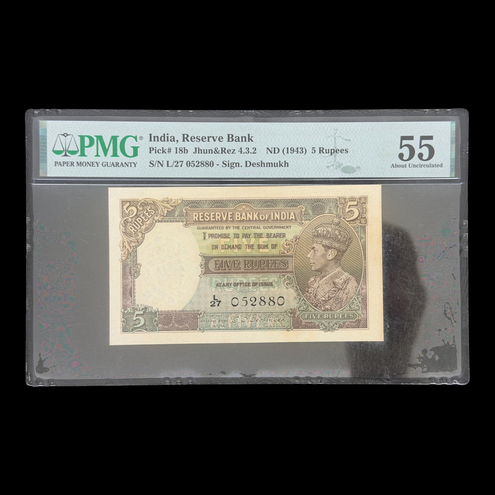 British India, 1943 Rupees 5 Banknote, King George VI, Sign. C. D. Deshmukh, PMG Graded 55, Pick# 18b, (L27 052880)