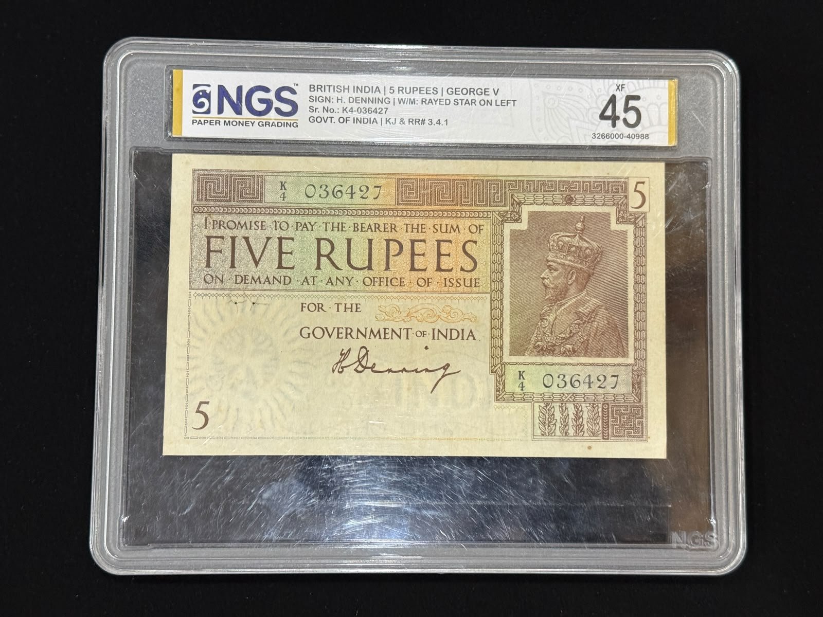 British India, Rupees 5 Banknote, King George V, Sign. H. Denning, NGS Graded 45, Pick #4a, (K4 036427)