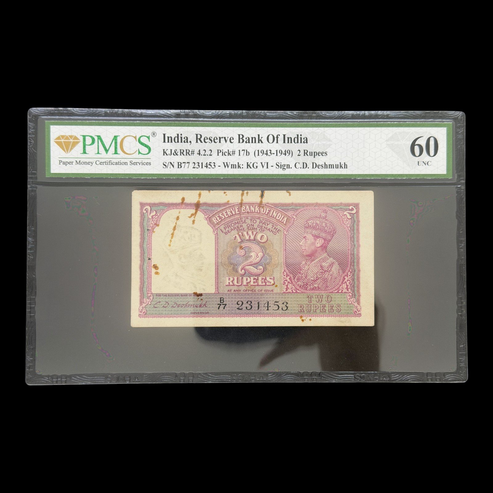British India, Rupees 5 Banknote, King George VI, Sign. C. D. Deshmukh, PMCS Graded 60, Pick# 17b, (B77 231453)