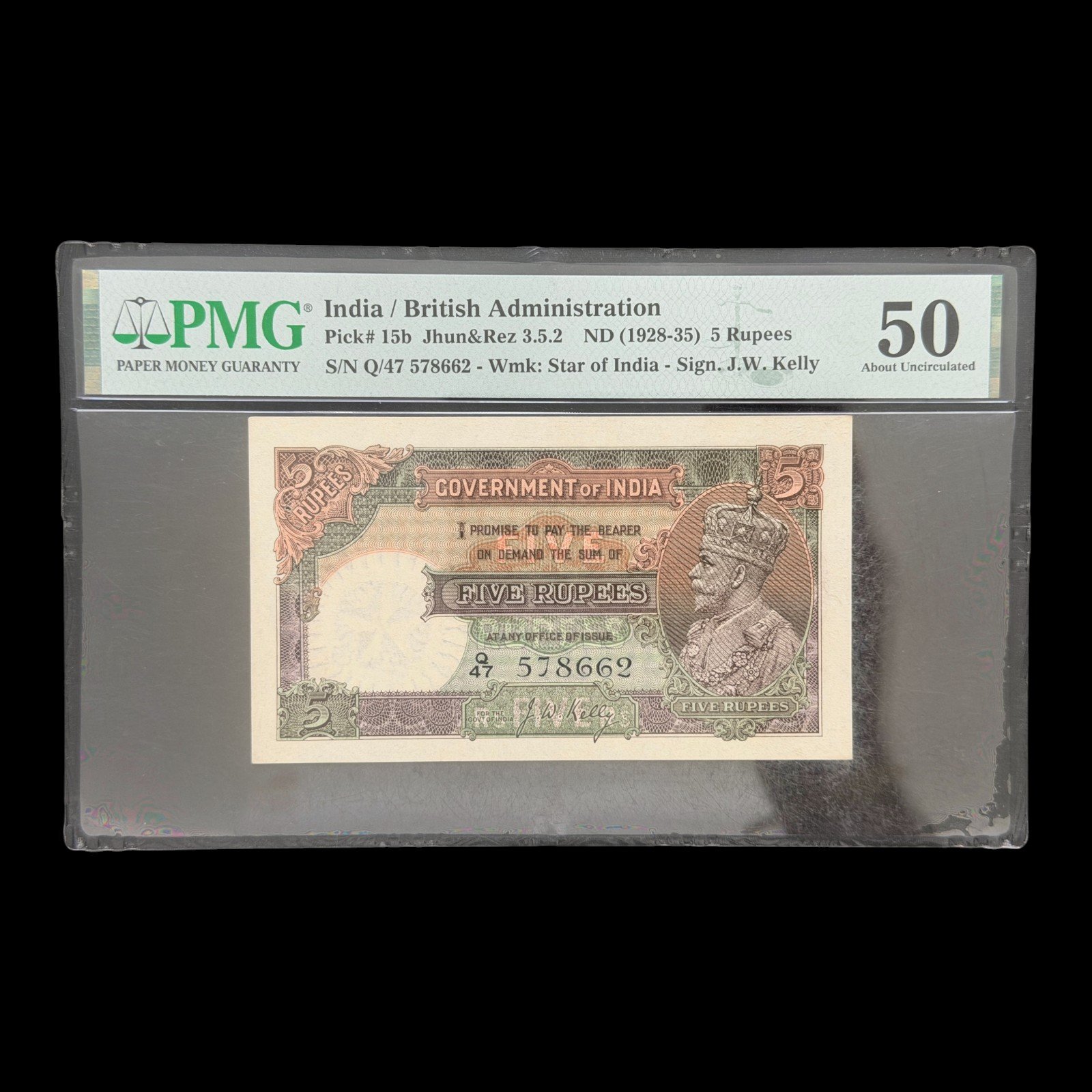 British India, Rupees 5 Banknote, Middle Holy Fancy Serial Number 786, King George V, Sign. J. W. Kelly, PMG Graded 50, RARE, Pick# #15b, (Q47 578662)