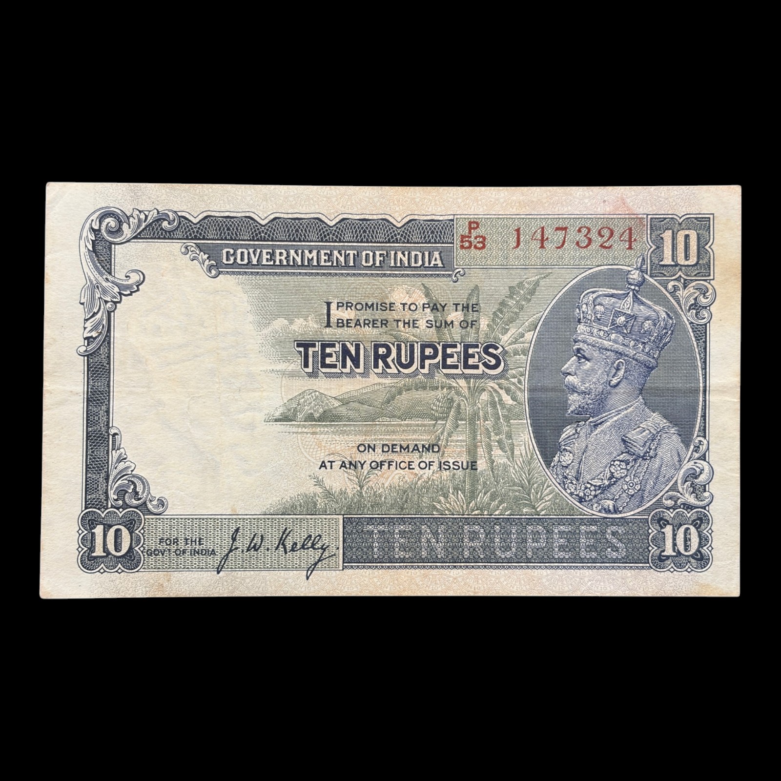 British India, 1934 Rupees 10 Banknote, King George V, Sign. J. W. Kelly, Pick# 16b, (P53 147324)