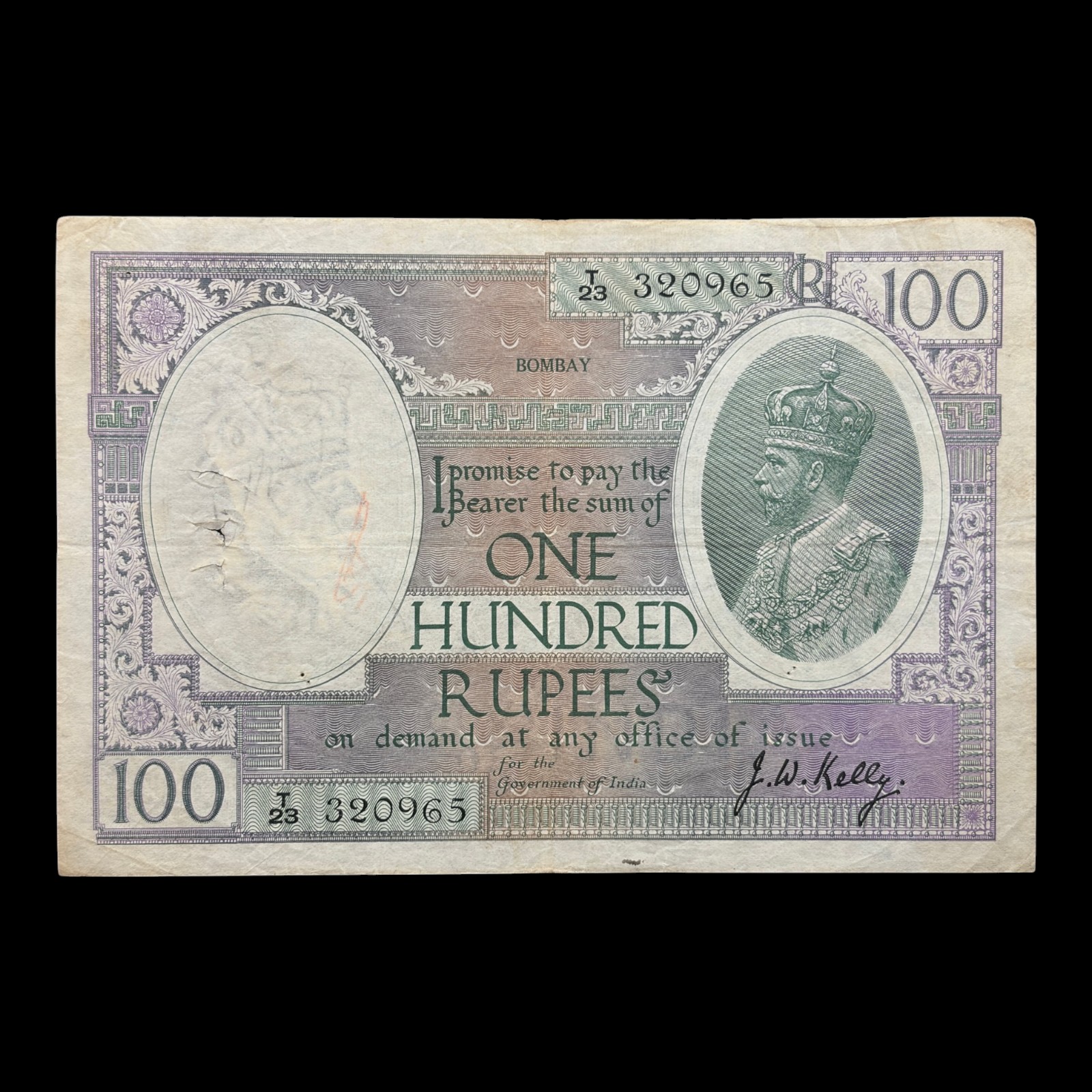 British India, Rupees 100 Banknote, King George V, Sign. J.W. Kelly, Circle - Bombay, Pick# 10c, Ex. RARE, (T23 320965)