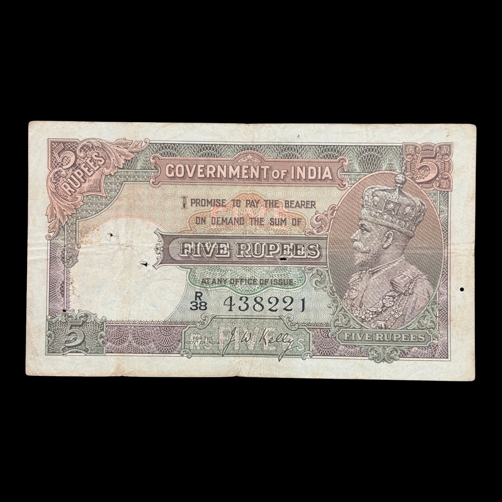 British India, Rupees 5 Banknote, King George V, Sign. J. W. Kelly, Pick# #15b, (R38 438221)