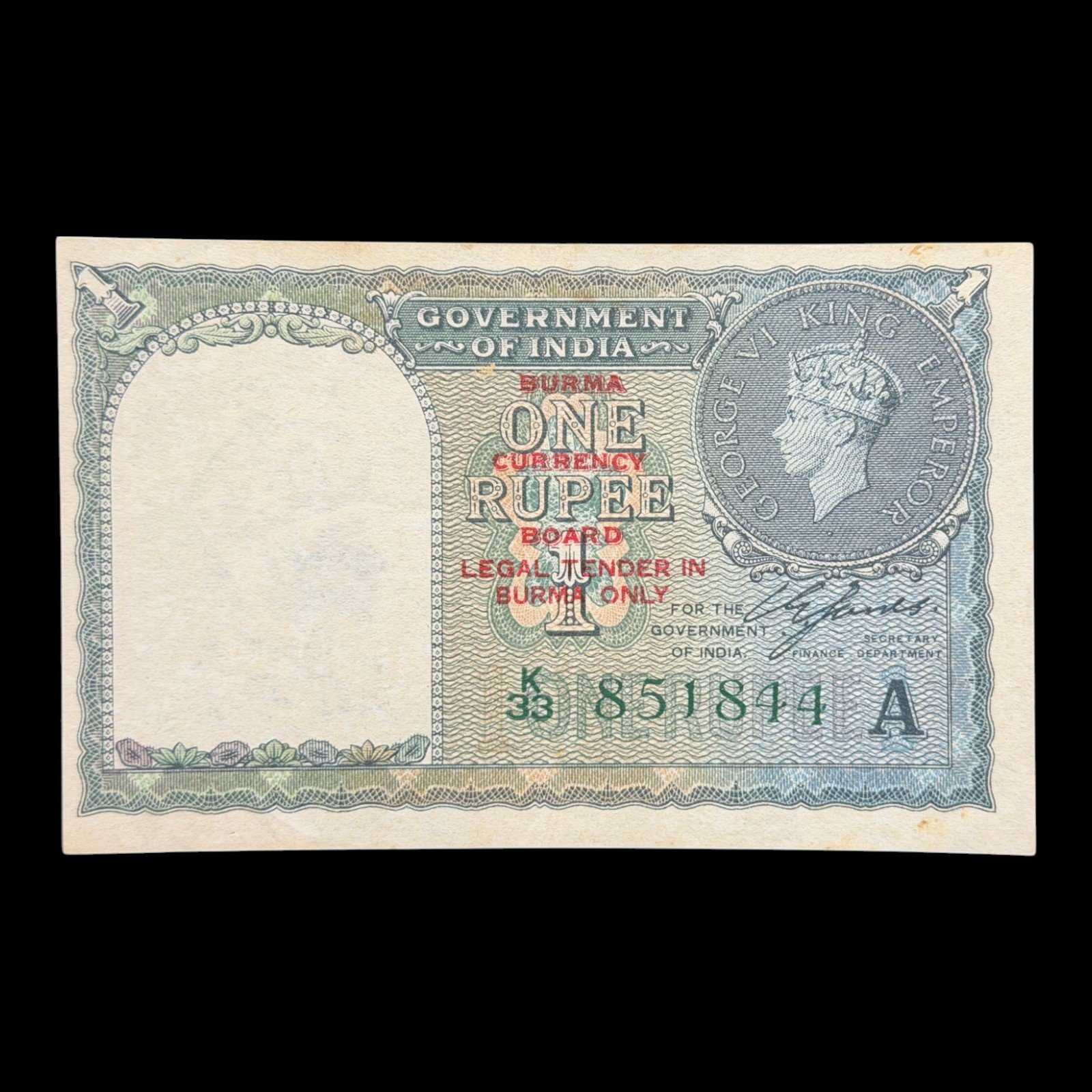 Burma Ovpt. on British India, 1940 Rupee 1 Banknote, King George VI, Sign. C.E Jones, Inset A, Pick# 30, (K33 851844)