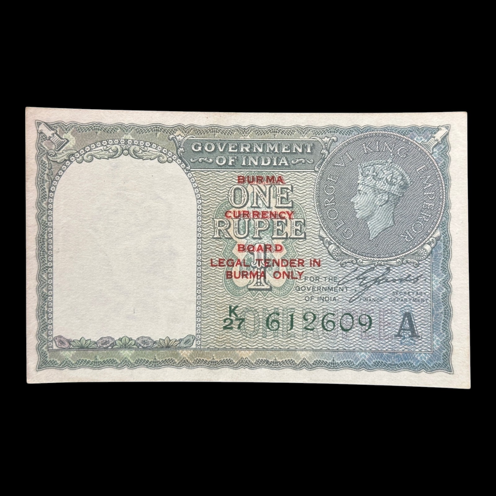 Burma Ovpt. on British India, 1940 Rupee 1 Banknote, King George VI, Sign. C.E Jones, Inset A, Pick# 30, (K27 612609)
