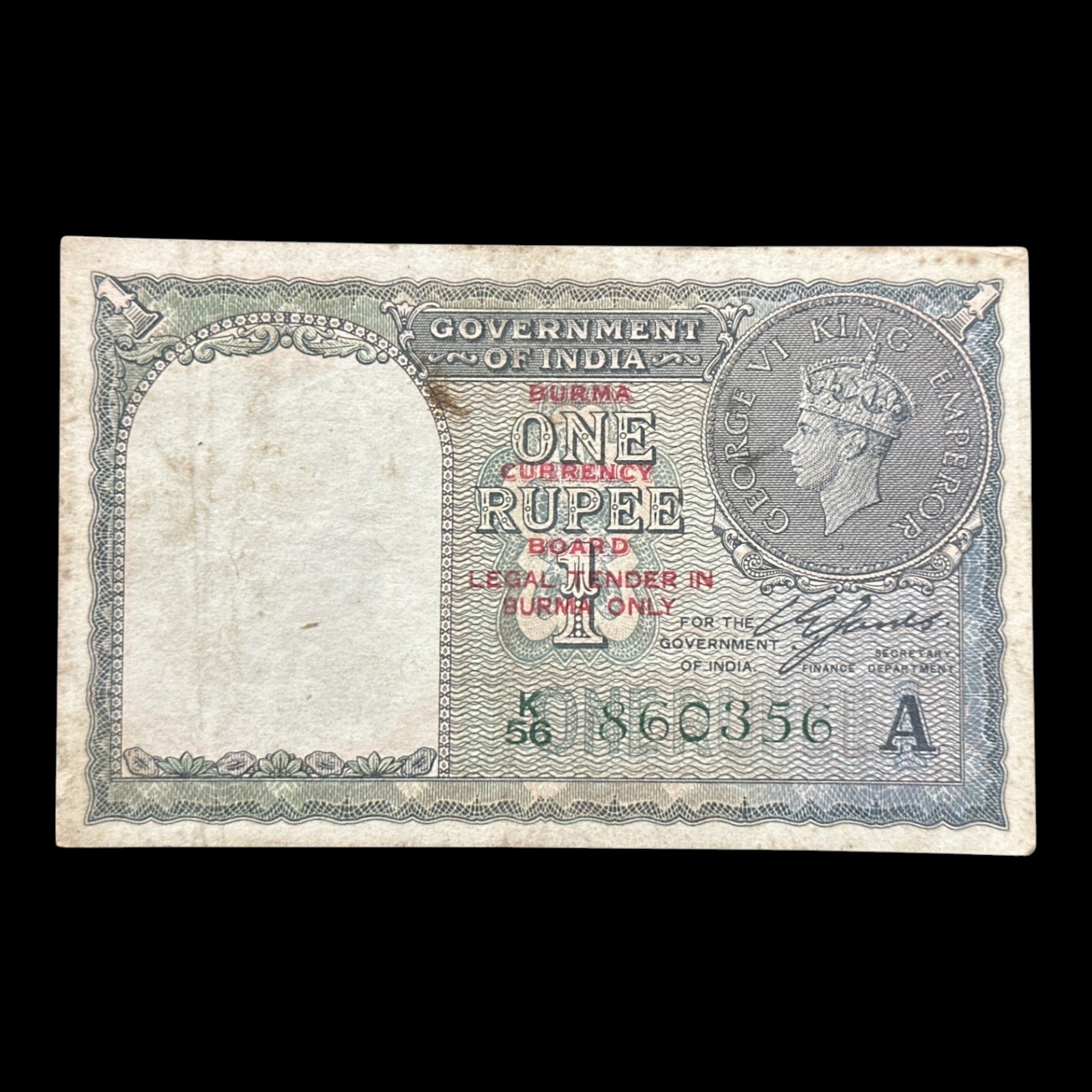 Burma Ovpt. on British India, 1940 Rupee 1 Banknote, King George VI, Sign. C.E Jones, Inset A, Pick# 30, (K56 860356)