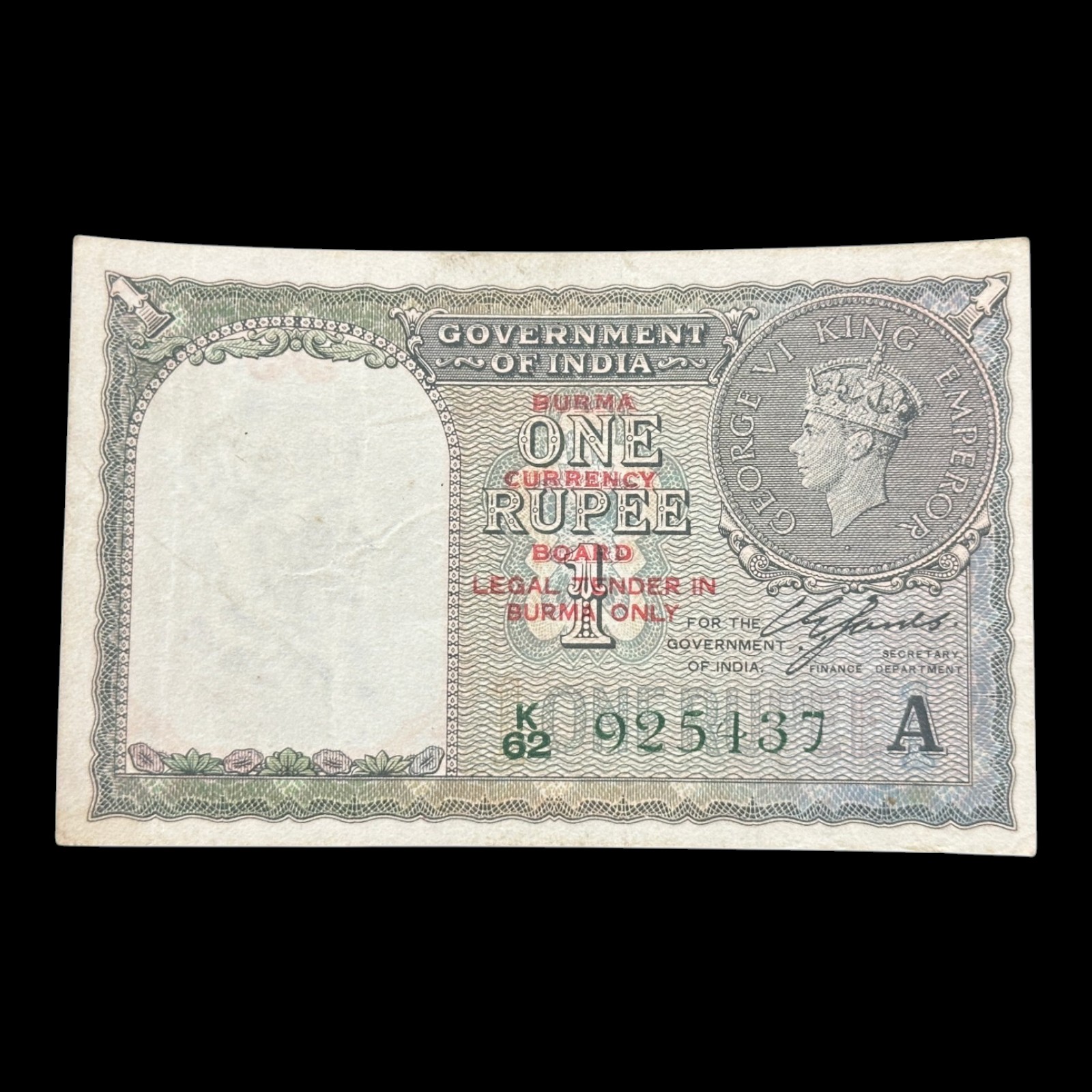 Burma Ovpt. on British India, 1940 Rupee 1 Banknote, King George VI, Sign. C.E Jones, Inset A, Pick# 30, (K62 925437)