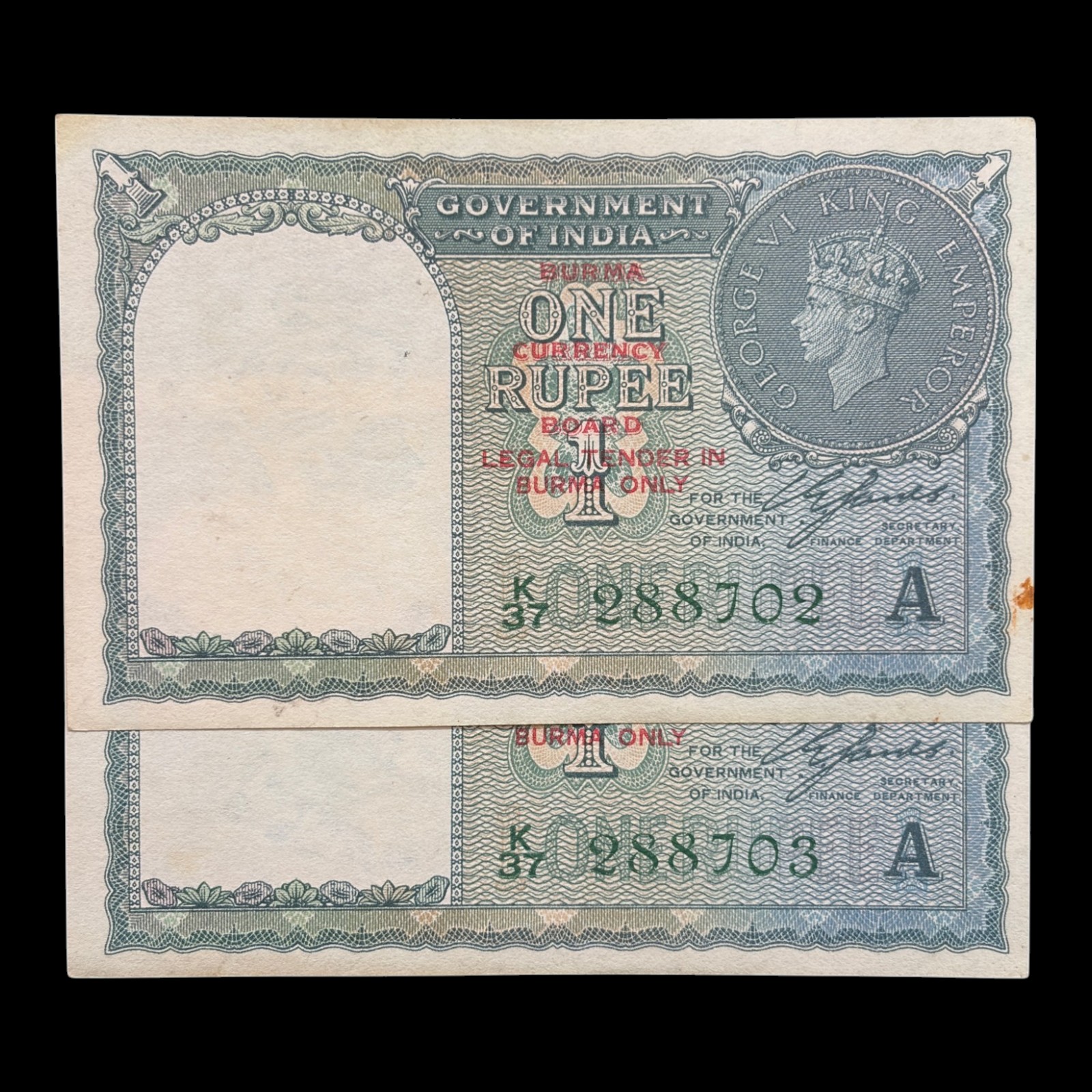 Burma Ovpt. on British India, 1940 Rupee 1 x 2 Consecutive Serial Banknotes, King George VI, Sign. C.E Jones, Inset A, Pick# 30, (K37 288702)