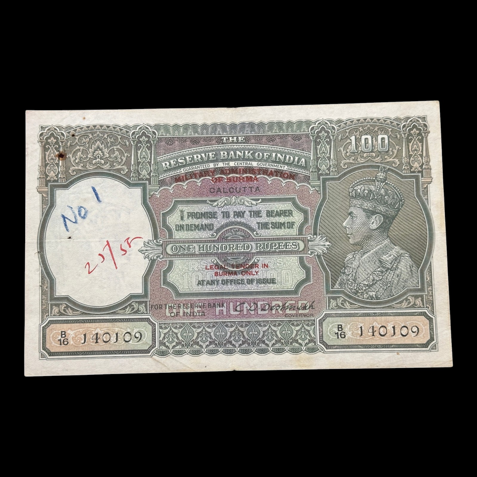 Burma Ovpt. on British India, 1945, Rupees 100 Banknote, King George VI, Circle - Calcutta, Sign. J. B. Taylor, Pick# 29b, (B16 140109)