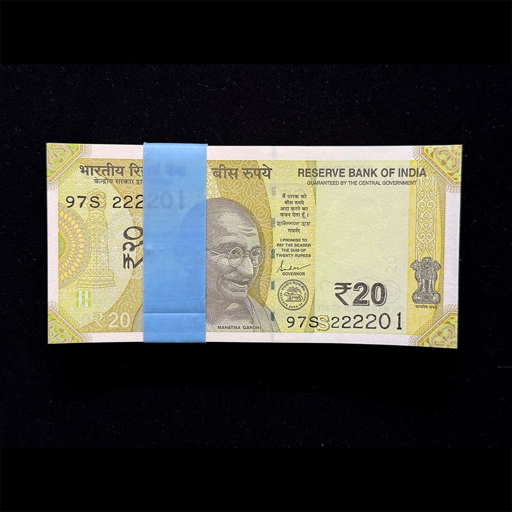 India, 2024 Rupees 20 Complete Serial Bundle of 100 Notes, Solid Fancy Serial Number 222222, Sign. Shaktikanta Das, Inset S, Pick# Unlisted, (97S 222201)