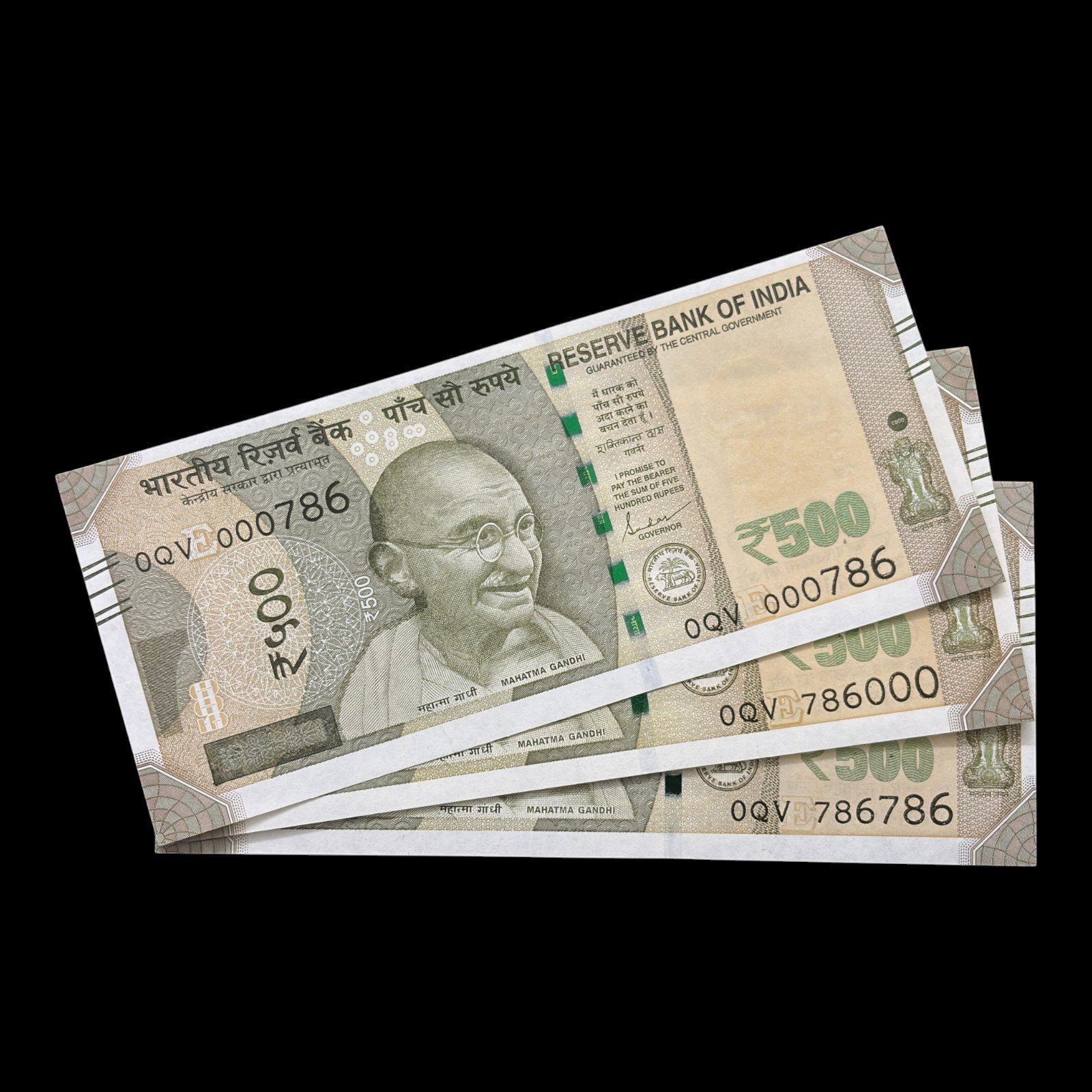 India, 2020 Rupees 500 x 3 Banknotes, Set of Super Holy Fancy Serial Number 0-000786, 0-786000, 0-786786, Sign. Shaktikanta Das, Inset E, Pick# 114, (0QV 000786)