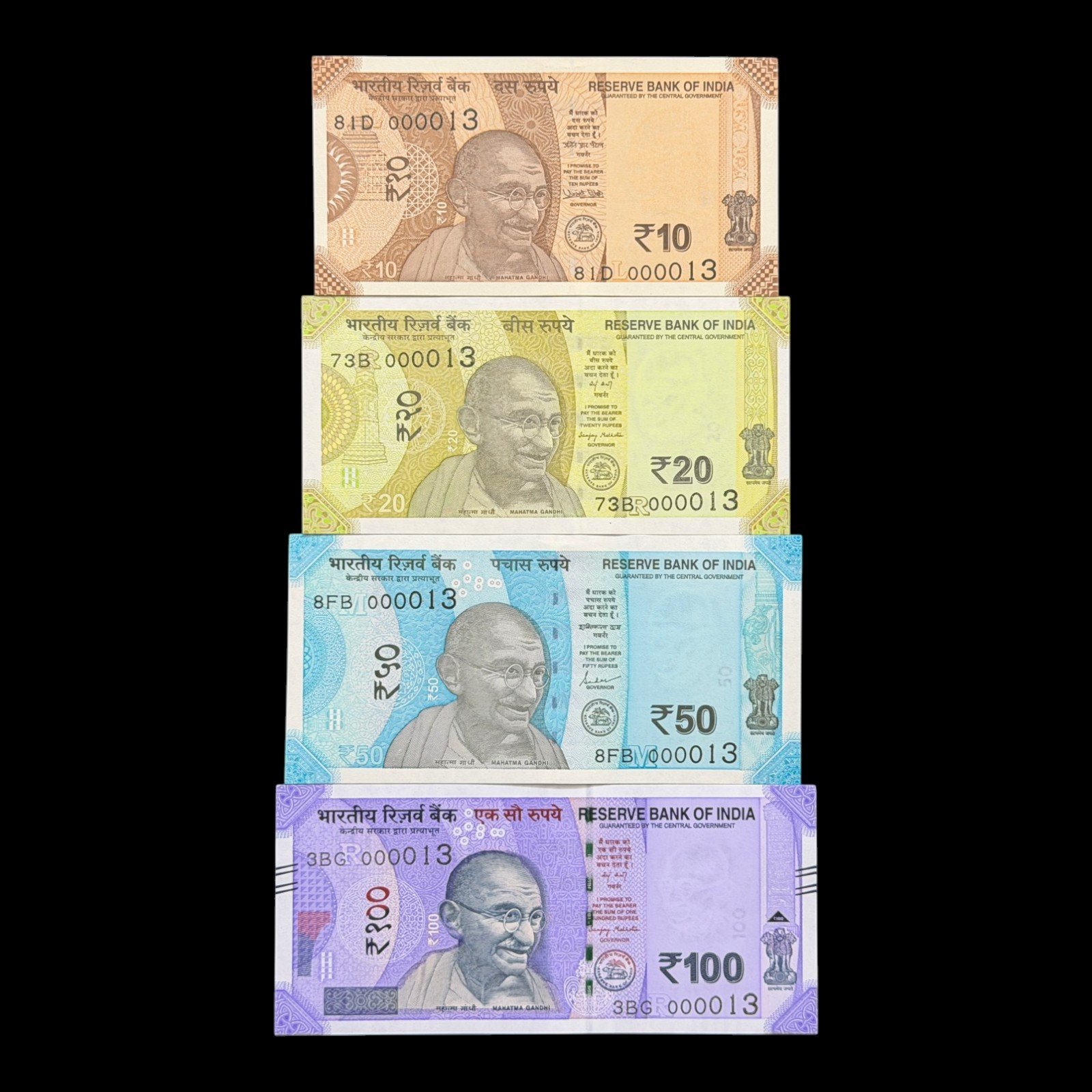 India, Rupees 10, 20, 50 & 100 Banknote, Set of Same Fancy Serial Number 000013, (81D 000013)