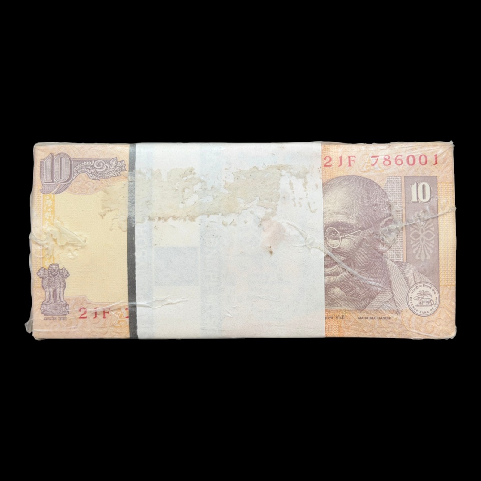India, Rupees 10 Complete Seal Pack Rim Of 10 Serial Bundles (1000 Banknotes), Double Holy Fancy Serial 786-786, Inset A, (21F 786001)