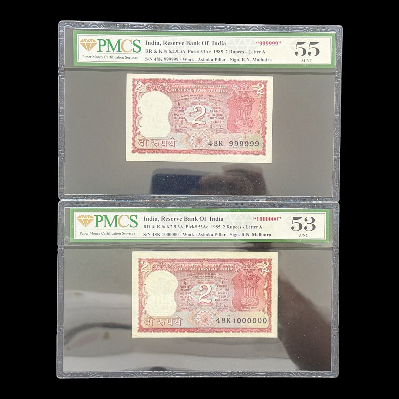 India, Rupees 2 x 2 Banknotes, Pair of Solid Fancy Serial Number 999999 & 1000000 (One Million/10 Lakhs), Standing Tiger Issue, Sign. R. N. Malhotra, Inset A, PMCS Graded 55 / 53, Pick# 53Ac, (48K 999999)