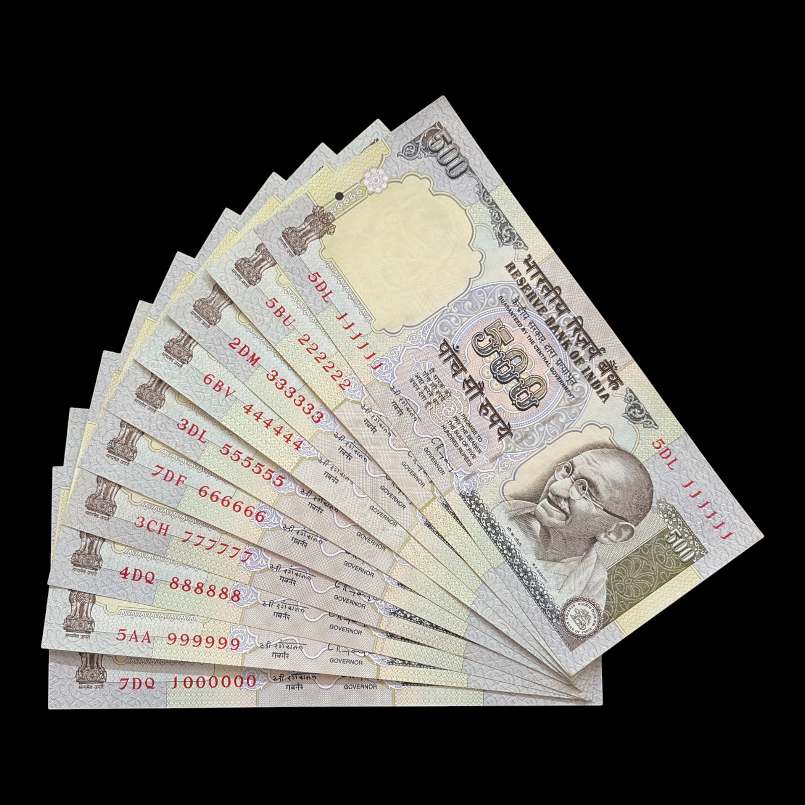 India, 1997 Rupees 500 x 10 Banknotes, Set of Solid Fancy Serial Number 111111 - 999999 & 1000000 (1 Million), 2nd Series (Blue Issue), Sign. C. Rangarajan, Pick# 92a, RARE, (5DL 111111)