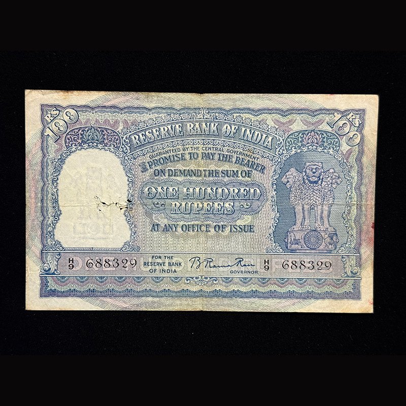 India, 1950 Rupees 100 Banknote, 1st Issue, Sign. B. Rama Rau, Only English, Elephant Issue, Calcutta Circle, Pick# 41, (H9 688329)