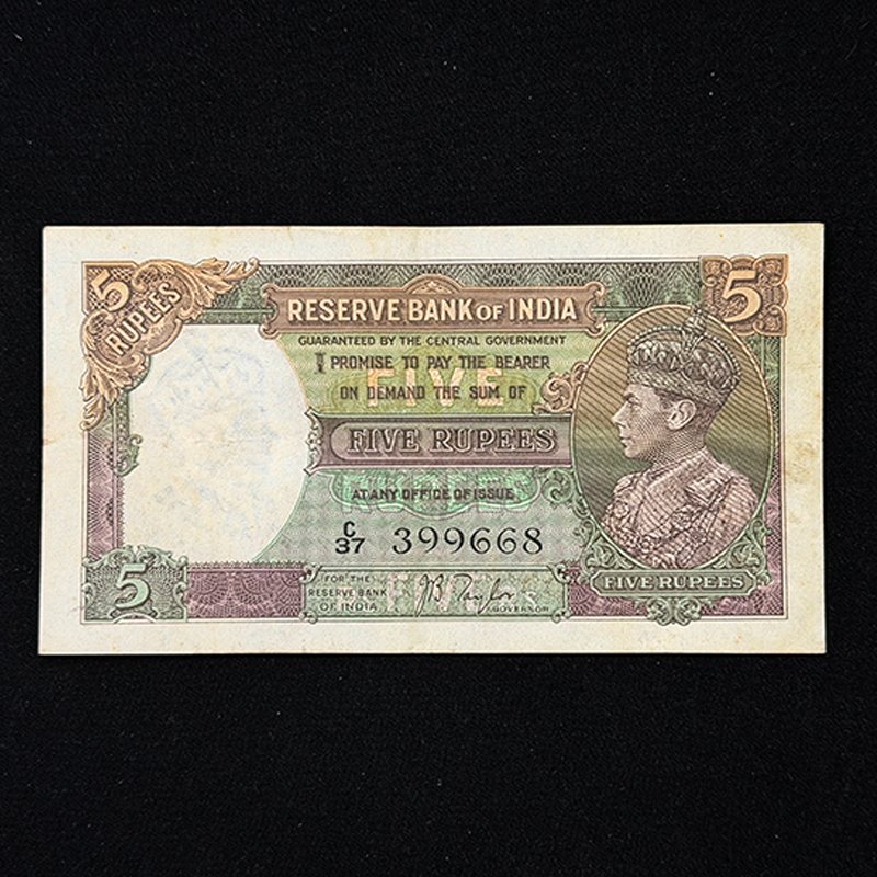 British India, 1938 Rupees 5 Banknote, King George VI, Sign. J. B. Taylor, Pick# 18a, (C37 399668)