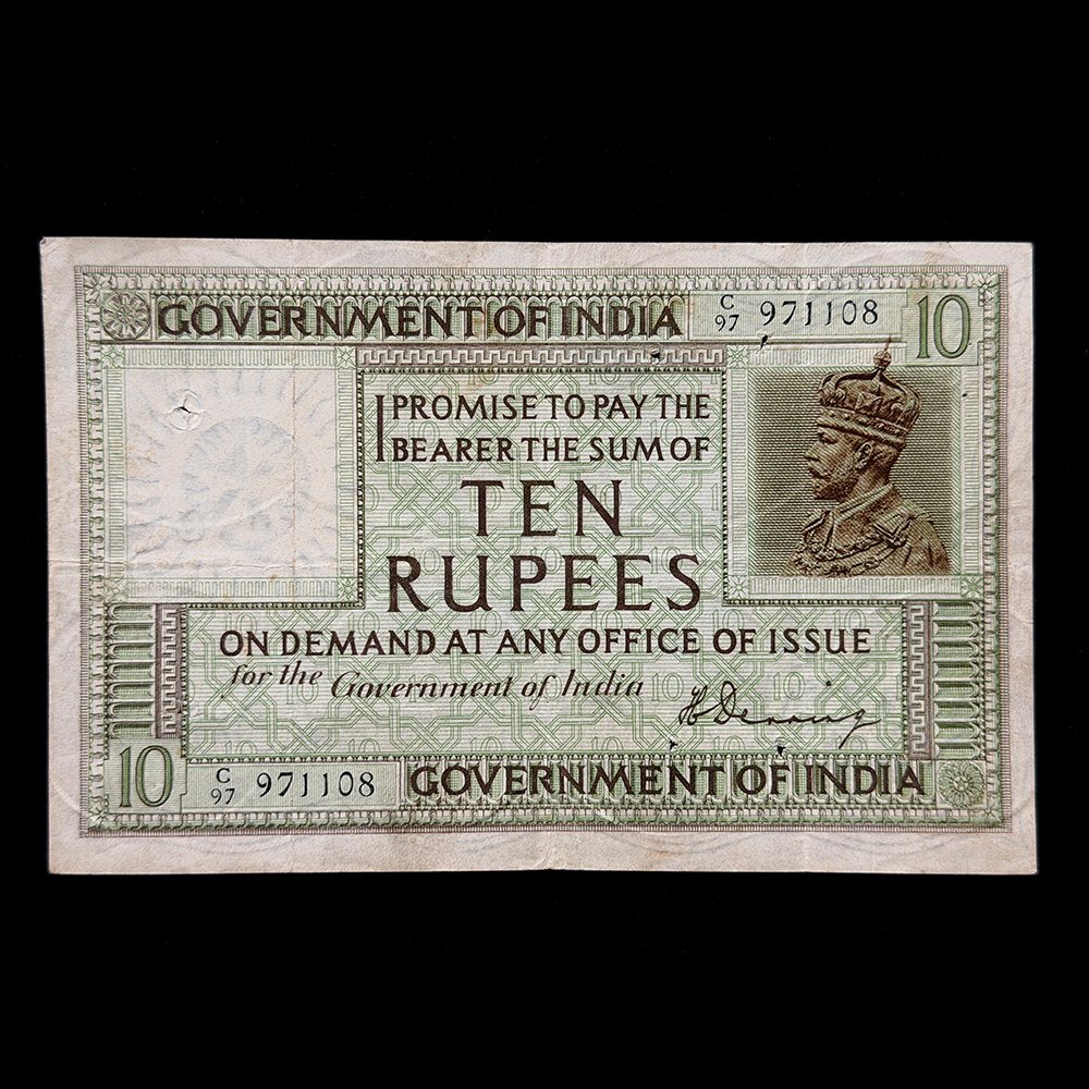 British India, 1926 Rupees 10 Banknote, King George V, Serial # at Upper Right and Lower Left, Sign. H. Denning, Pick# 6, (C97 971108)