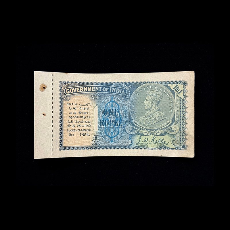 British India, 1935 Rupee 1 Banknote, King George V, Sign. J. W. Kelly, Prefix F, Pick# 14b, (F19 826911)