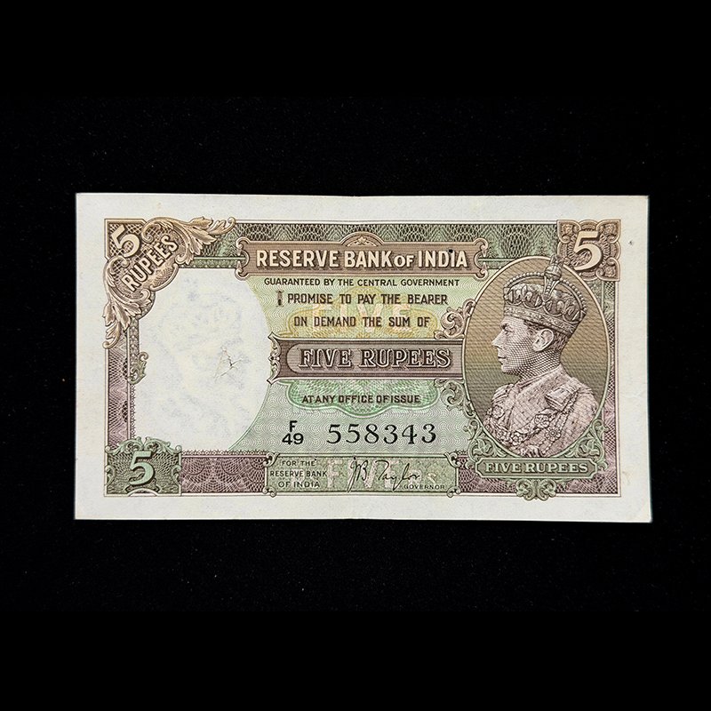 British India, 1938 Rupees 5 Banknote, King George VI, Sign. J. B. Taylor, Pick# 18a, (F49 558343)