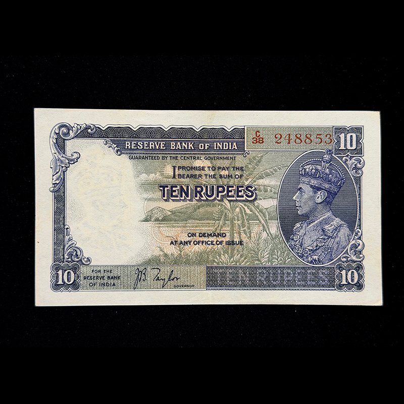 British India, 1944 Rupees 10 Banknote, King George VI, Sign. J. B. Taylor, Pick# 19a, (C38 248853)