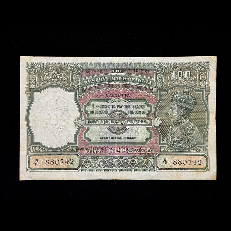 British India, 1944 Rupees 100 Banknote, King George VI, Sign. C. D. Deshmukh, Calcutta Circle, Pick# 20e, (B16 880742)