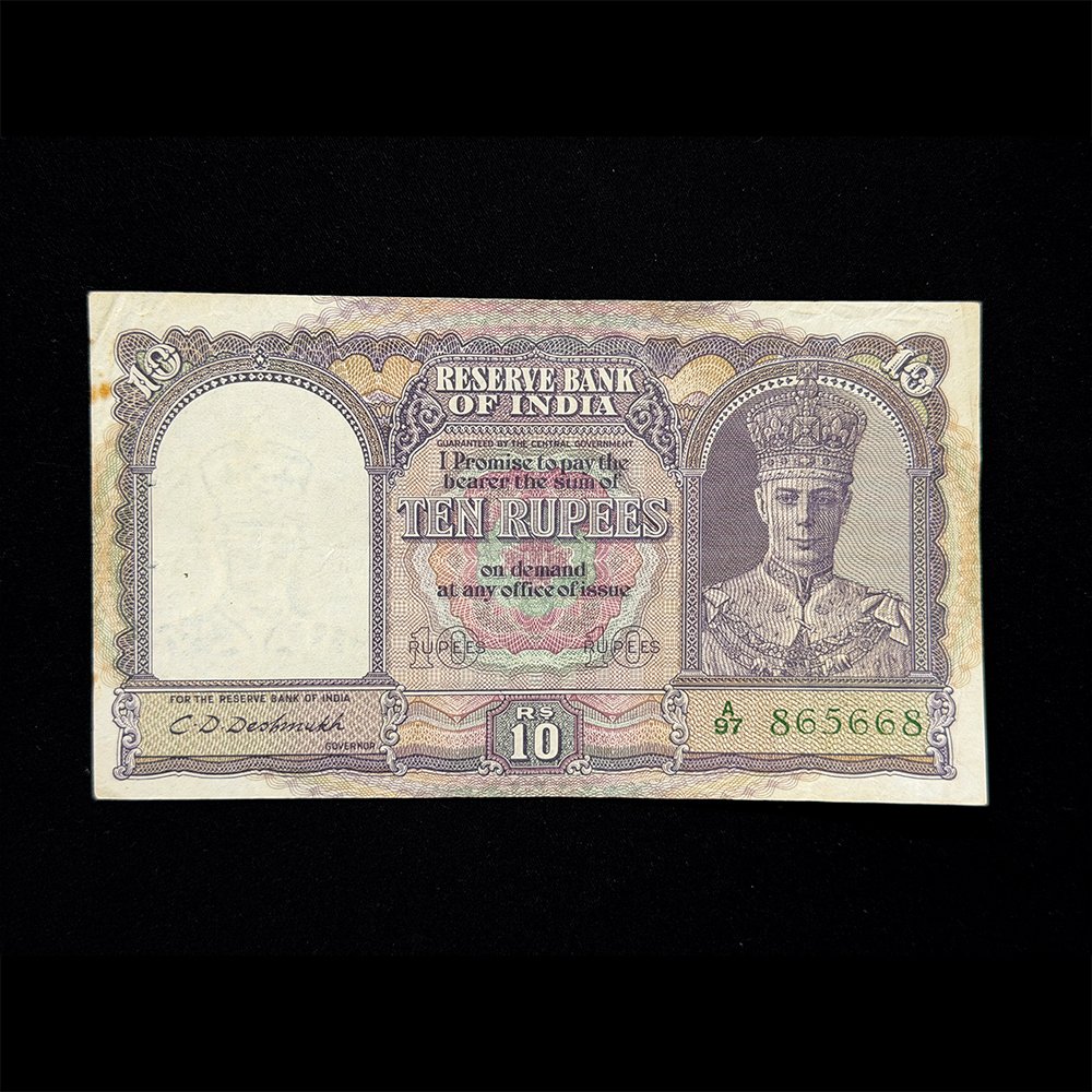 British India, Rupees 10 Banknote, King George VI, Front Face, Sign. C. D. Deshmukh, Pick# 24, (A97 865668)