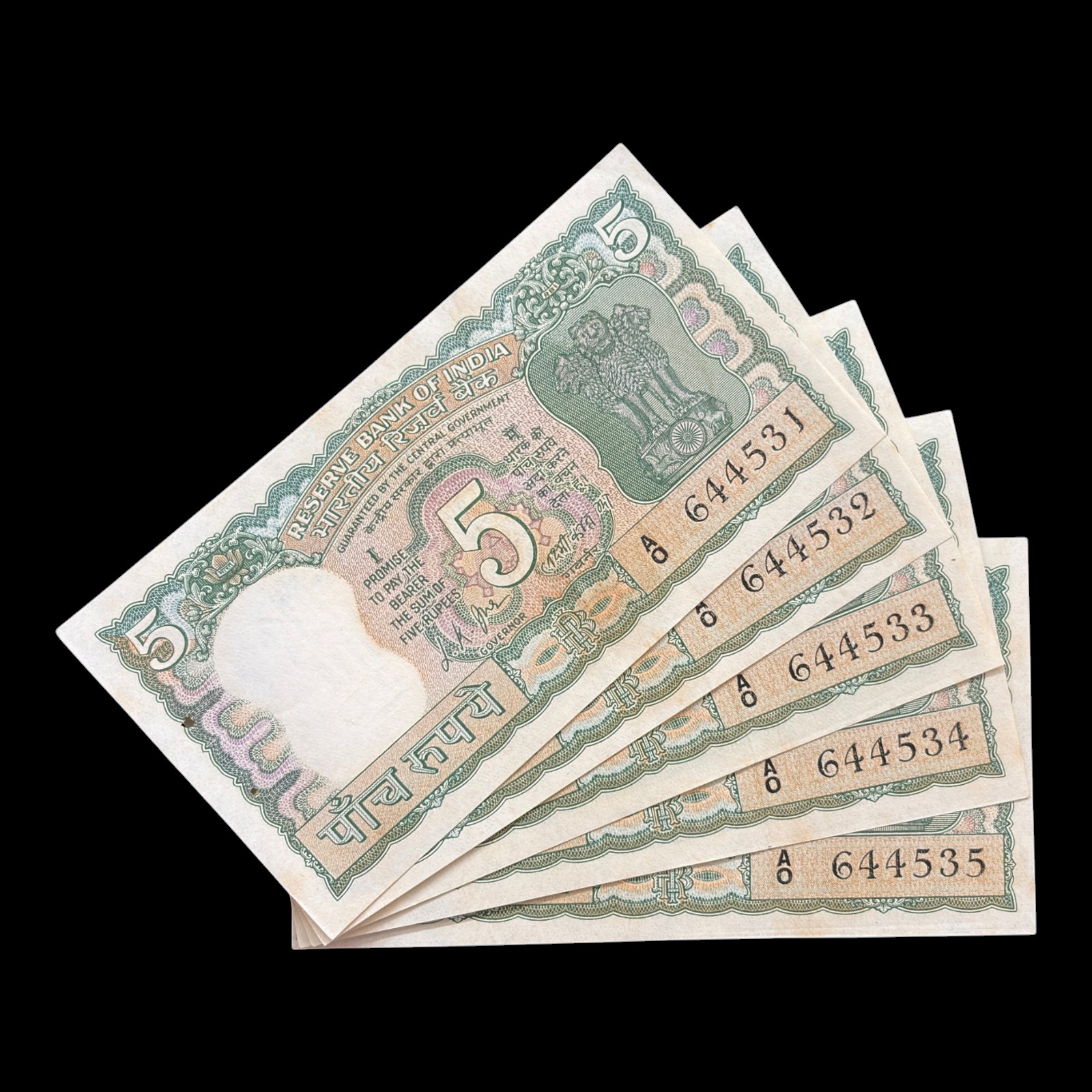India, 1969 Rupees 5 x 5 Consecutive Serial Banknotes, Gandhi Issue, Sign. L.K. Jha, Pick# 68a, (A0 644531)