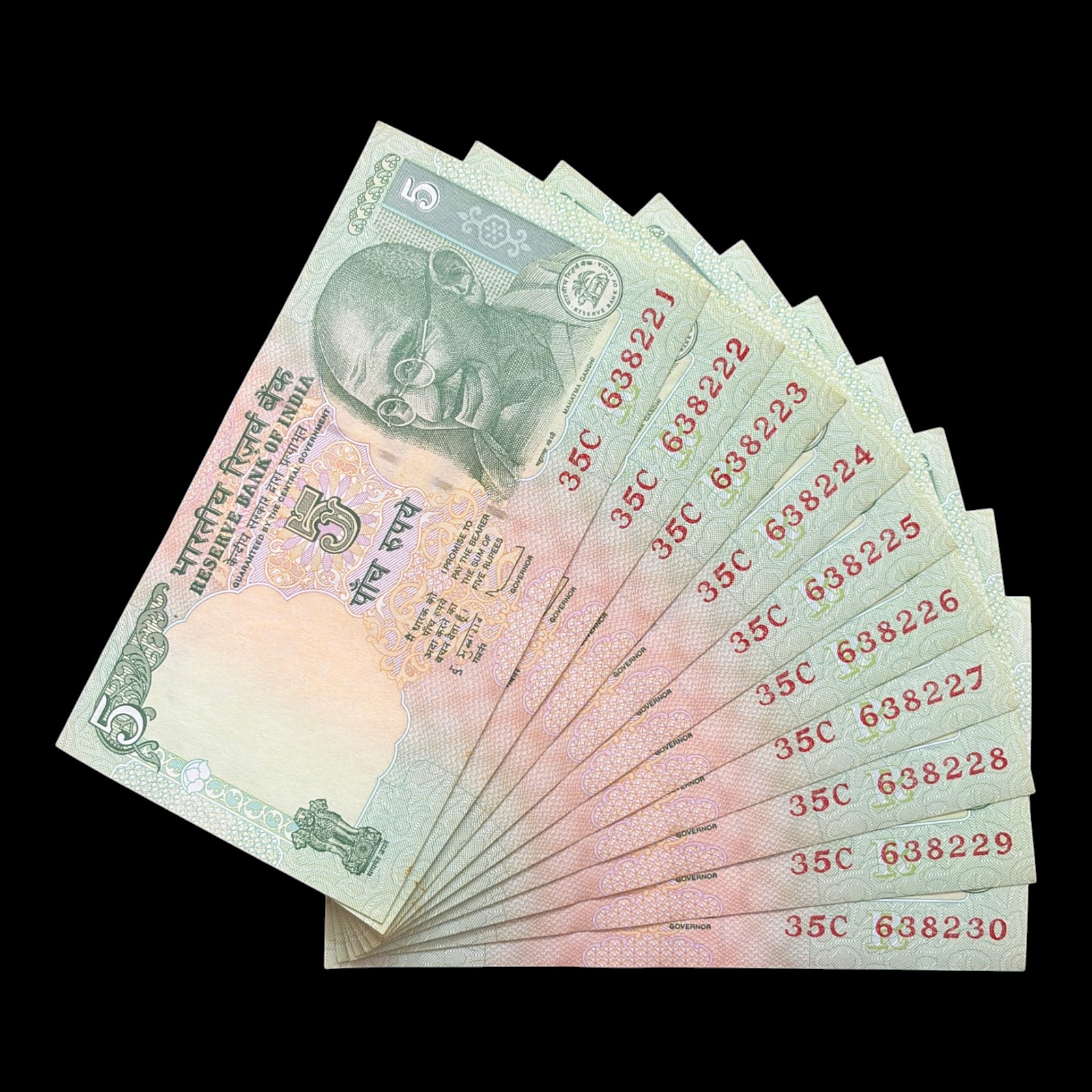 India, 2011 Rupees 5 x 10 Consecutive Serial Banknotes, Sign. D. Subbarao, Inset R, Pick# 94Af, (35C 638221)