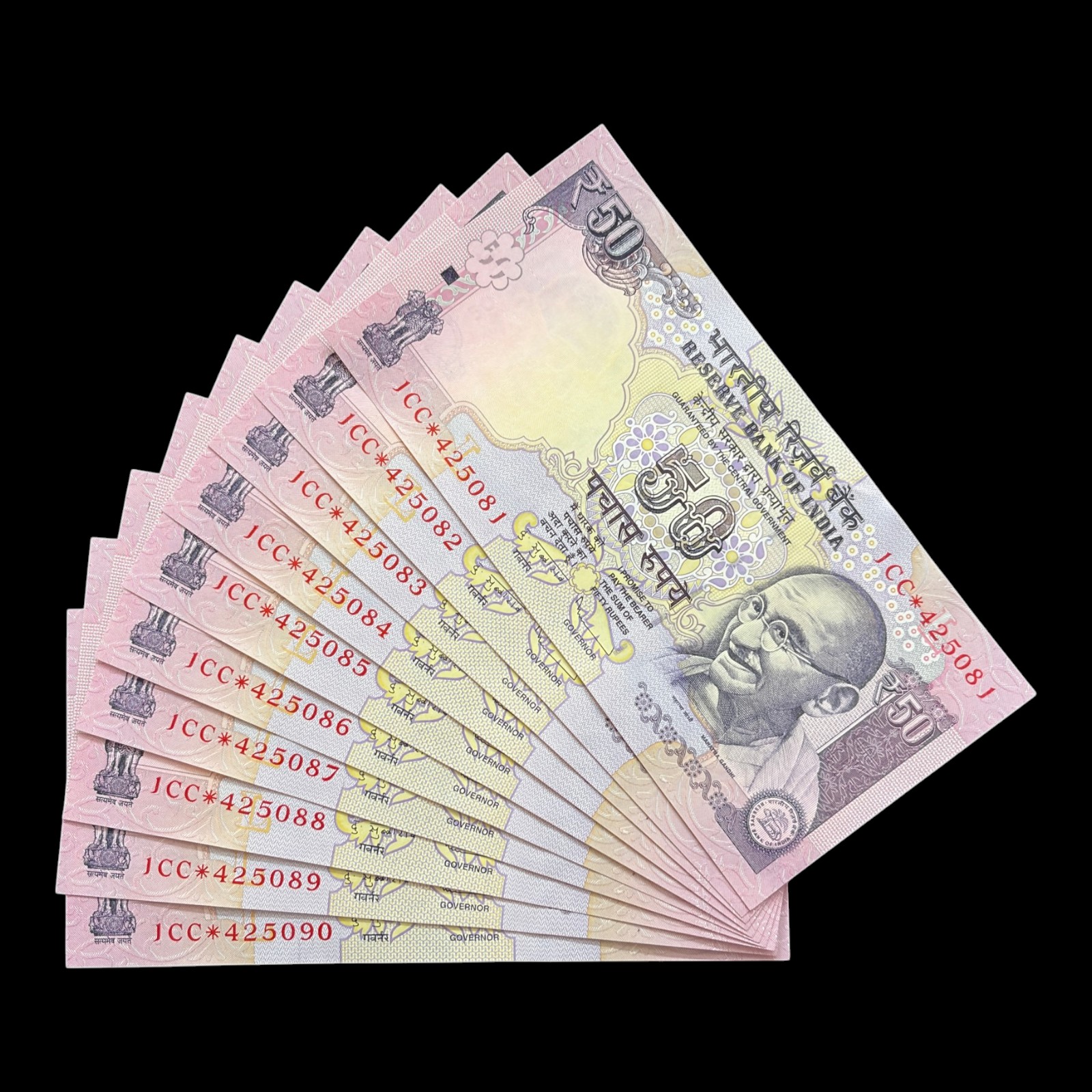 India, 2012 Rupees 50 x 10 Star Series Consecutive Serial Banknotes, Sign. D. Subbarao, Inset L, Prefix 0CC, Pick# 104b, (1CC 425081)