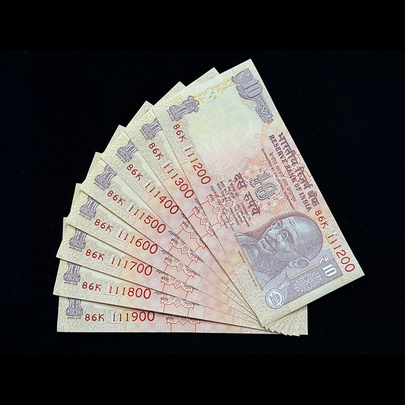 India, 2016 Rupees 10 x 8 Banknotes, Set of Fancy Serial Number 111200 - 111900, Sign. Raghuram G. Rajan, Inset L, Pick# 102af, (86K 111200)