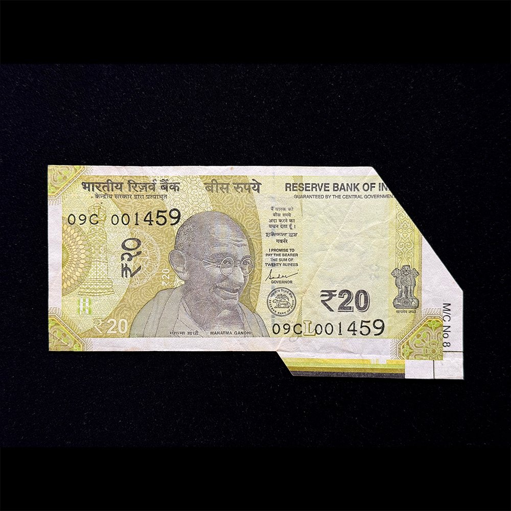 India, 2019 Rupees 20 Banknote, Sheet Fold Cutting Error, Sign. Shaktikanta Das, Inset L, Pick# 110, (09C 001459)