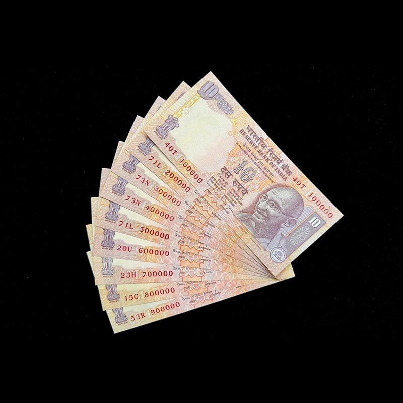 India, Rupees 10 x 10 Banknotes, Set of Fancy Serial Number 100000 - 900000, Sign. Bimal Jalan, (40T 100000)