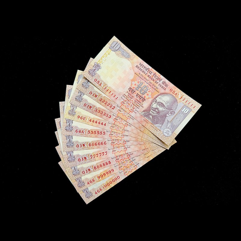 India, Rupees 10 x 10 Banknotes, Set of Solid Fancy Serial Number 111111 - 999999 & 1000000 (1 Million), Sign. Bimal Jalan, (05A 111111)