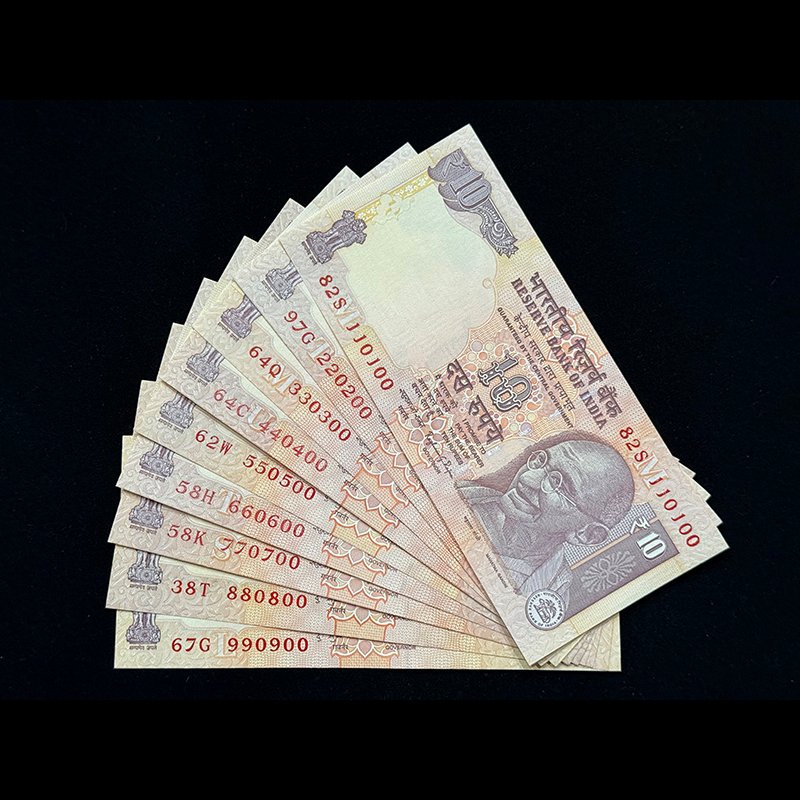 India, Rupees 10 x 9 Banknotes, Set of Fancy Serial Number 110100- 990900, Sign. D. Subbarao & Raghuram G. Rajan, (82S 110100)