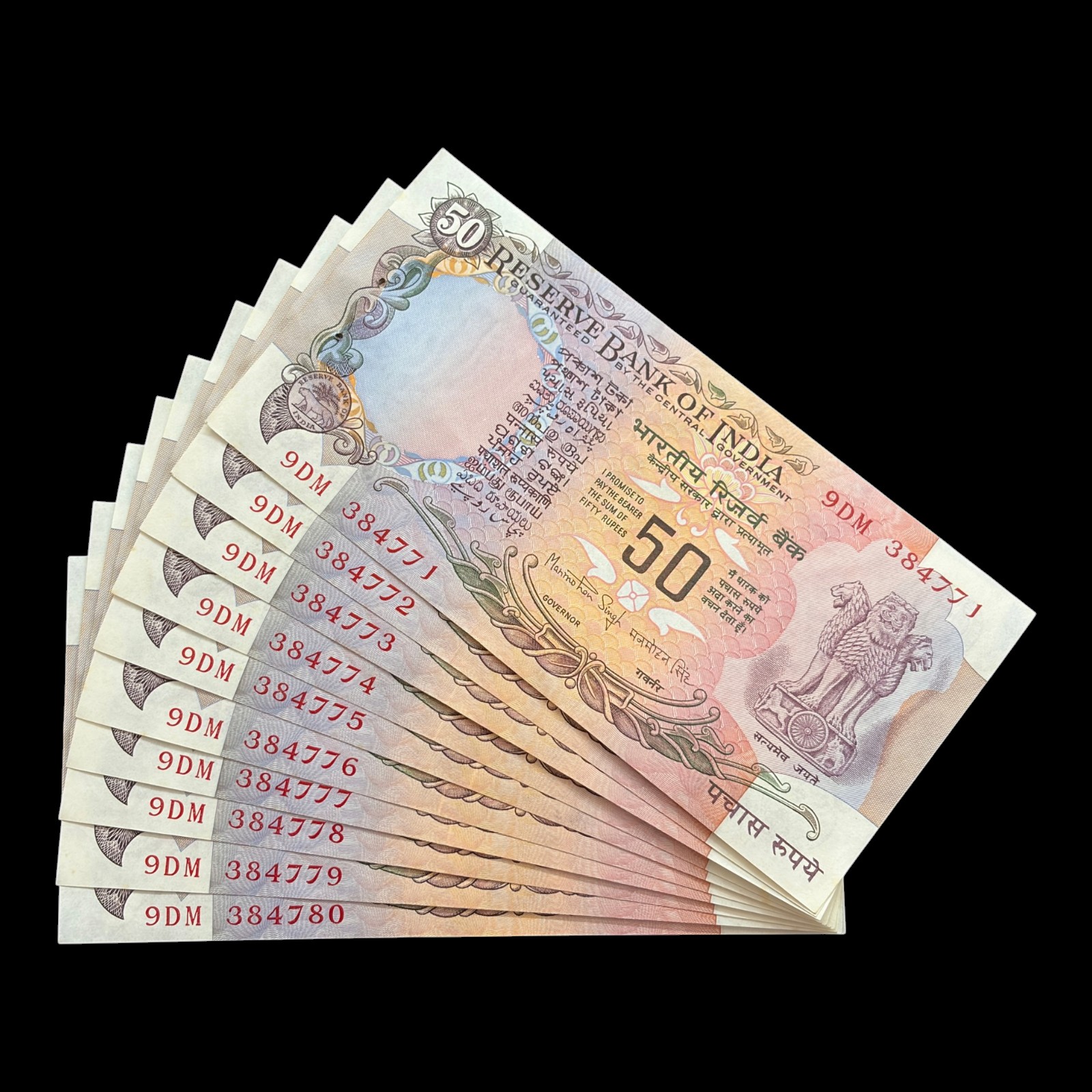 India, Rupees 50 x 10 Consecutive Serial Banknotes, Parliament Issue, Sign. Manmohan Singh, Pick# 84b, (9DM 384771)