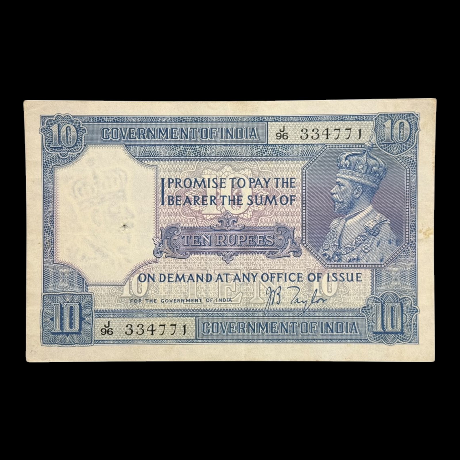British India, 1926 Rupees 10 Banknote, King George V, Sign. J.B. Taylor, Pick# 7b, (J96 334771)